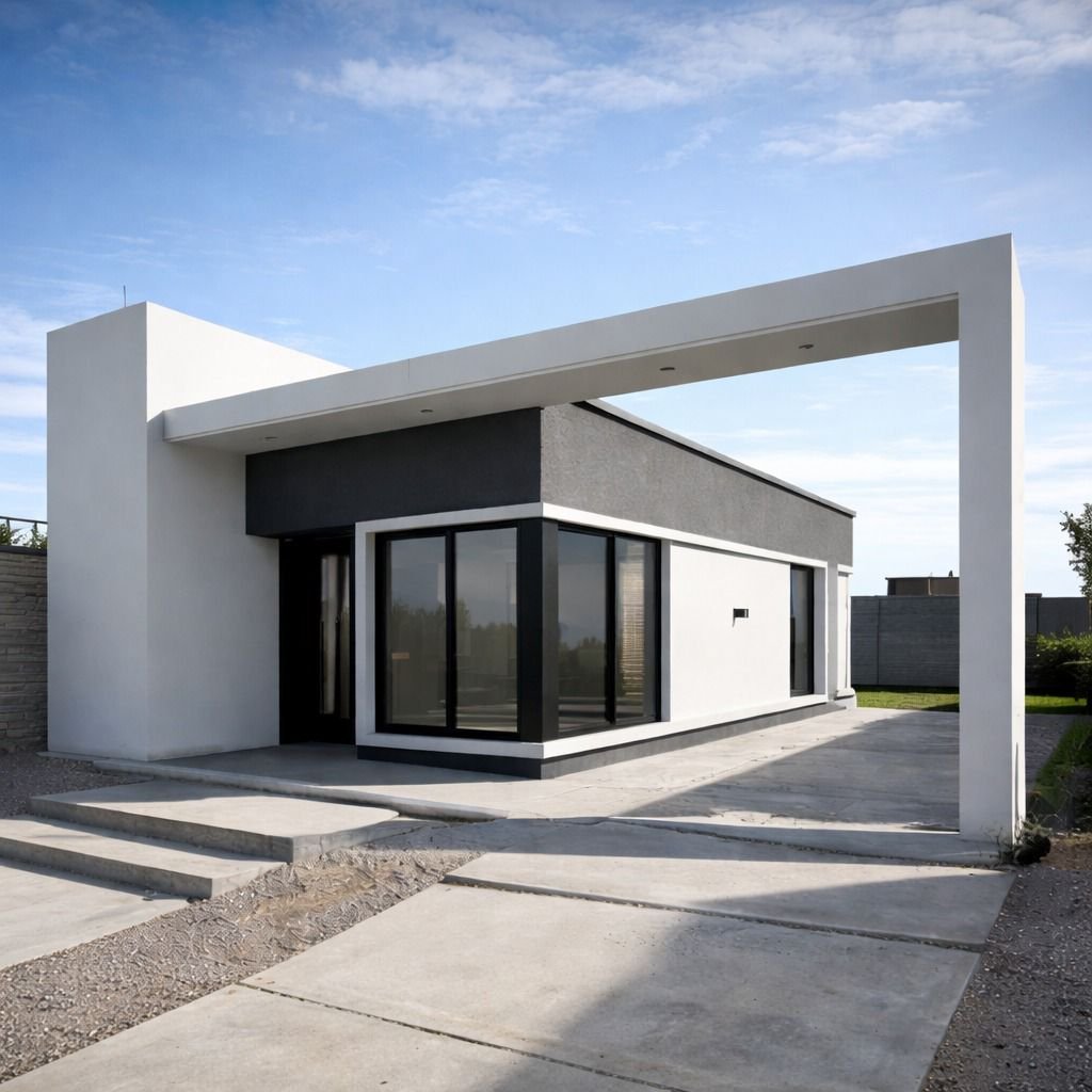 Vivienda Steel Frame con fachada blanca y negra con galería voladiza