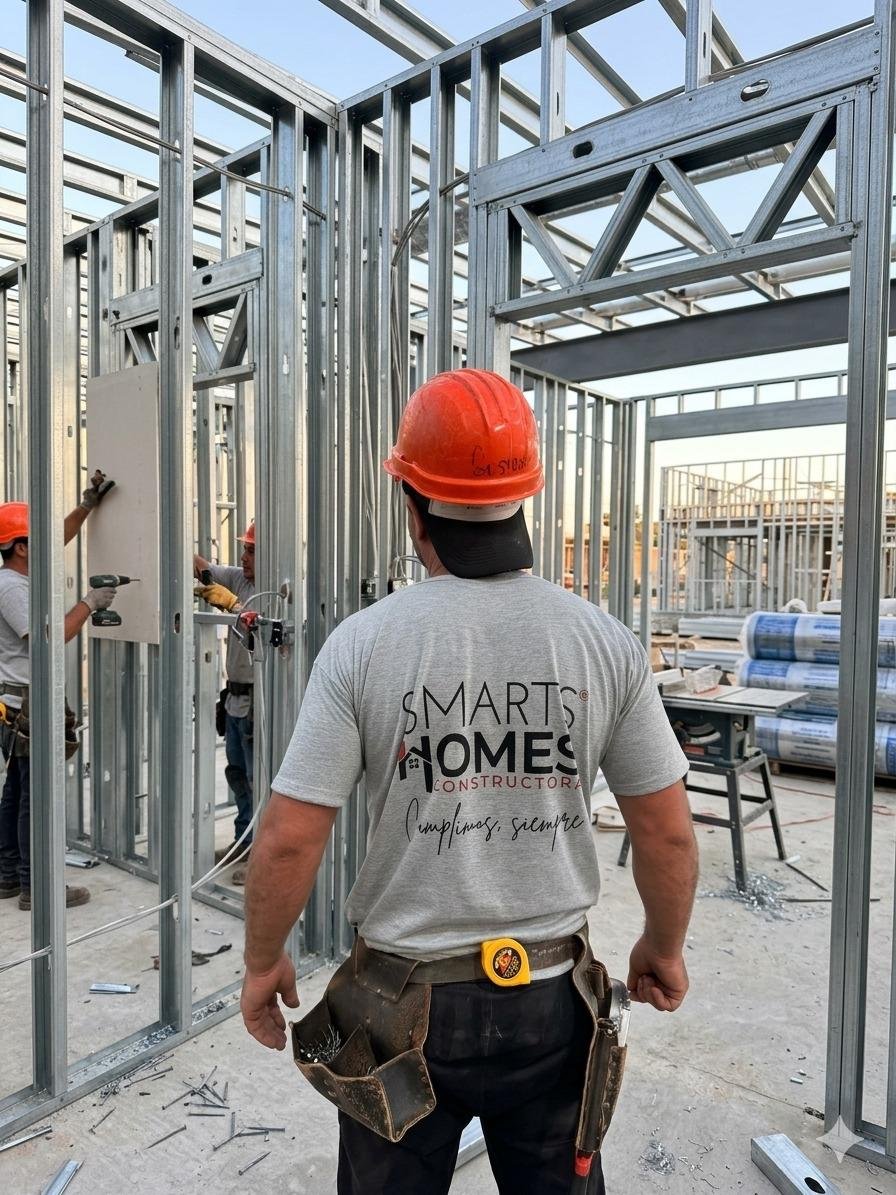 Operario de Smarts Homes en obra Steel Frame con remera 'Cumplimos siempre'